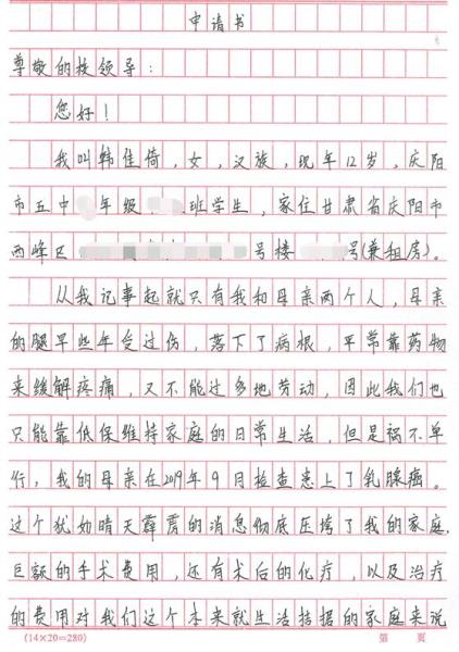 韩佳倚贫困申请书