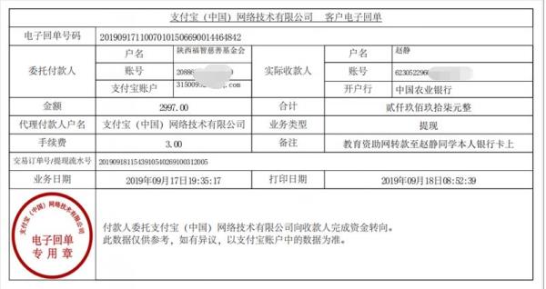 教育资助网转款给赵静同学的电子回单