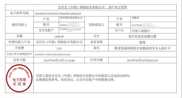 教育资助网转款给刘雅茹同学的电子回单