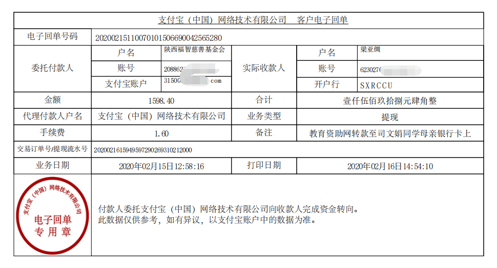 教育资助网给司文娟同学转款的电子回单