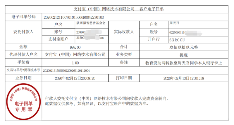 教育资助网给周天召同学转款的电子回单