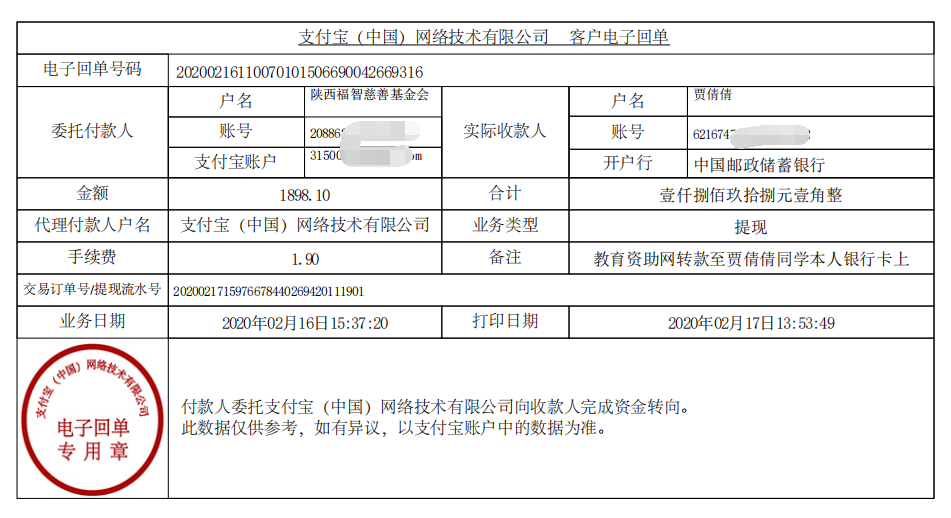 教育资助网给贾倩倩同学转款的电子回单