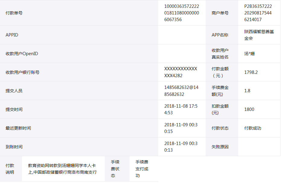 教育资助网给汤姗姗同学转款的电子回单