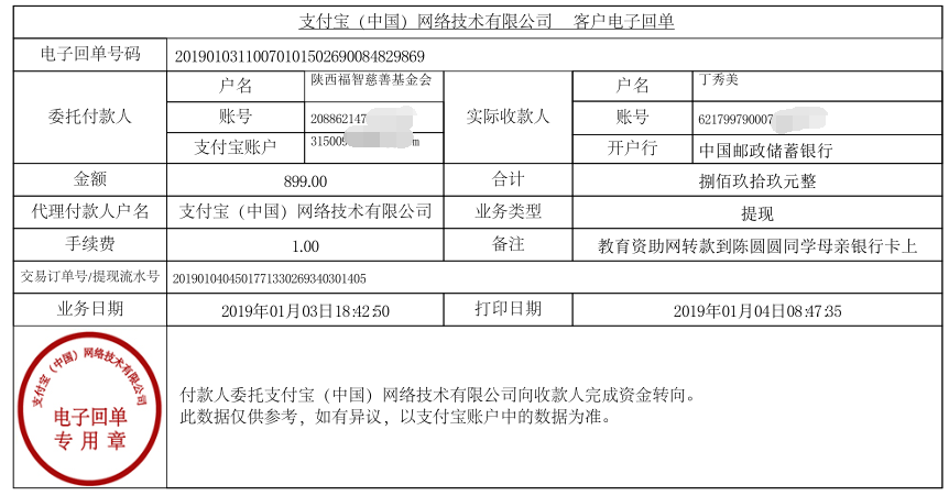 教育资助网给陈圆圆同学转款的电子回单