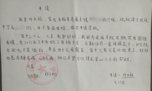 叶天柱贫困申请书