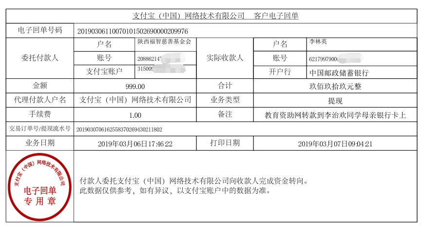 教育资助网给李志欢同学转款的电子回单