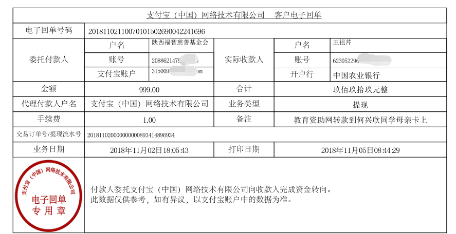 教育资助网给何兴欣同学转款的电子回单