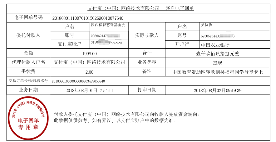 中国教育资助网转款给吴福星同学的电子回单