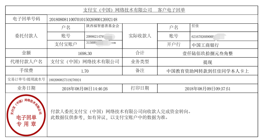 中国教育资助网转款给任佳同学的电子回单
