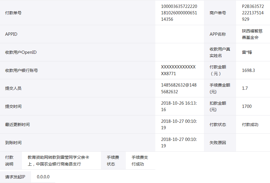 教育资助网给雷莹同学转款的电子回单