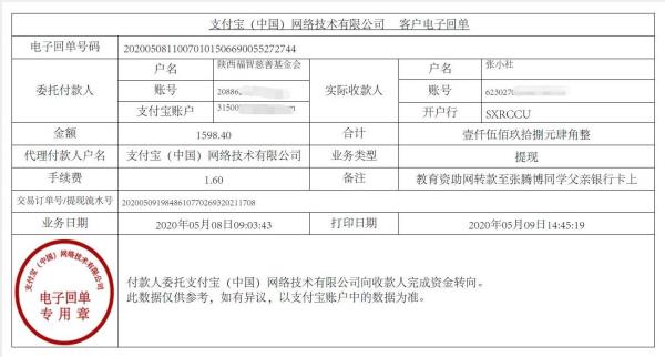 教育资助网给张腾博同学转款的电子回单