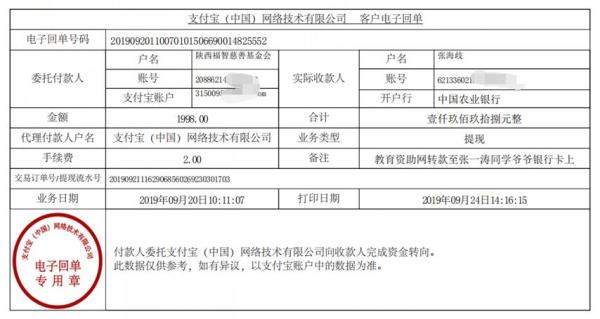 教育资助网转款给张一涛同学的电子回单