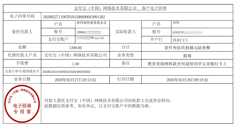 教育资助网给何益恒同学转款的电子回单