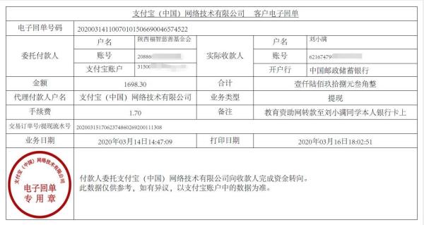 教育资助网给刘小满同学转款的电子回单