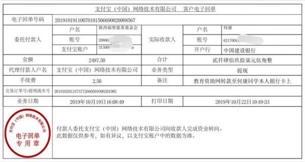 教育资助网转款给何康同学的电子回单
