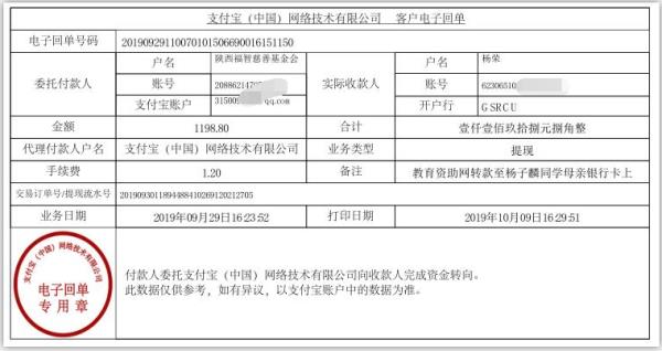 教育资助网转款给杨世鑫同学的电子回单