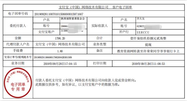 教育资助网转款给许荣荣同学的电子回单