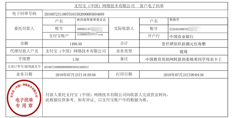 中国教育资助网转款给姜锦荣同学的电子回单
