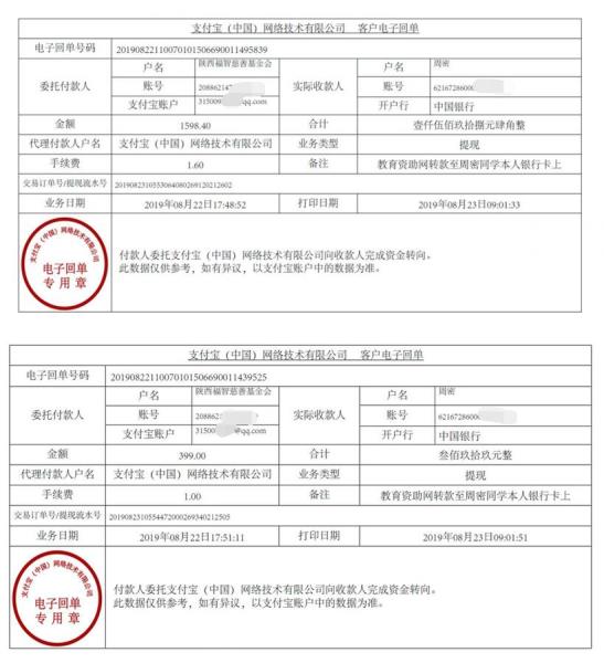 教育资助网给周密同学的电子回单