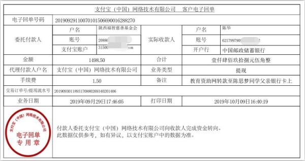 教育资助网转款给陈思梦同学的电子回单