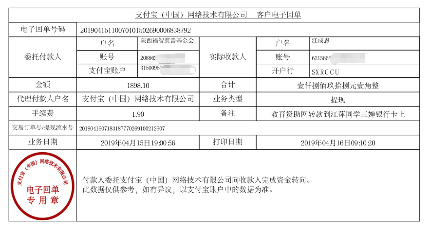 教育资助网给江萍同学转款的电子回单