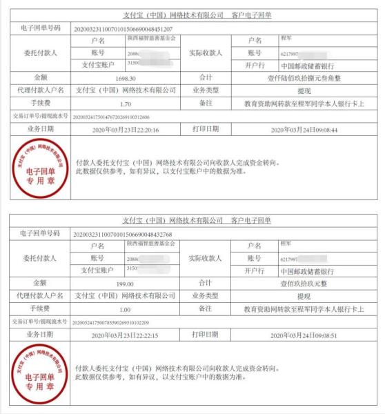教育资助网给程军同学转款的电子回单