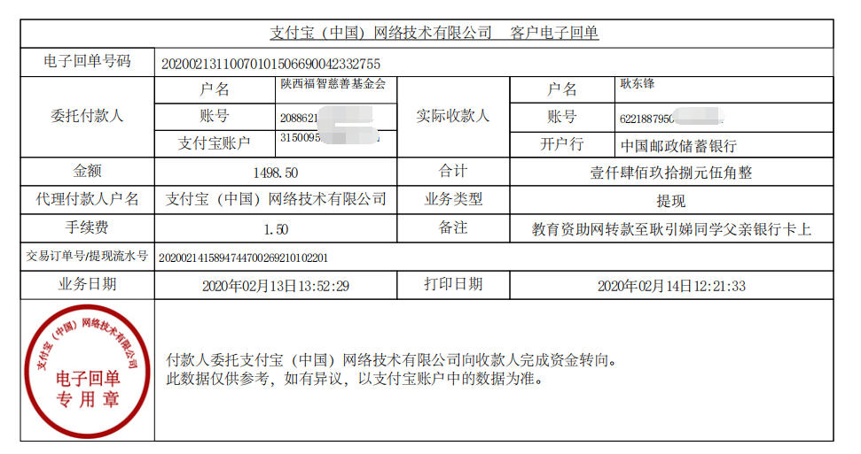 教育资助网给耿引娣同学转款的电子回单