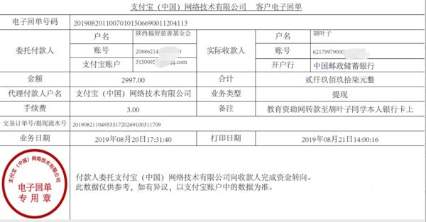 教育资助网转款给胡叶子同学的电子回单