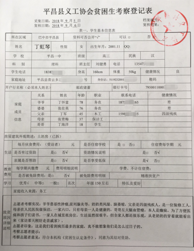 平昌县义工协会登记丁虹琴同学家庭情况信息