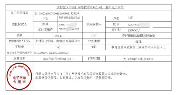 教育资助网转款给王露同学的电子回单