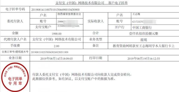 教育资助网转款给王志海同学的电子回单