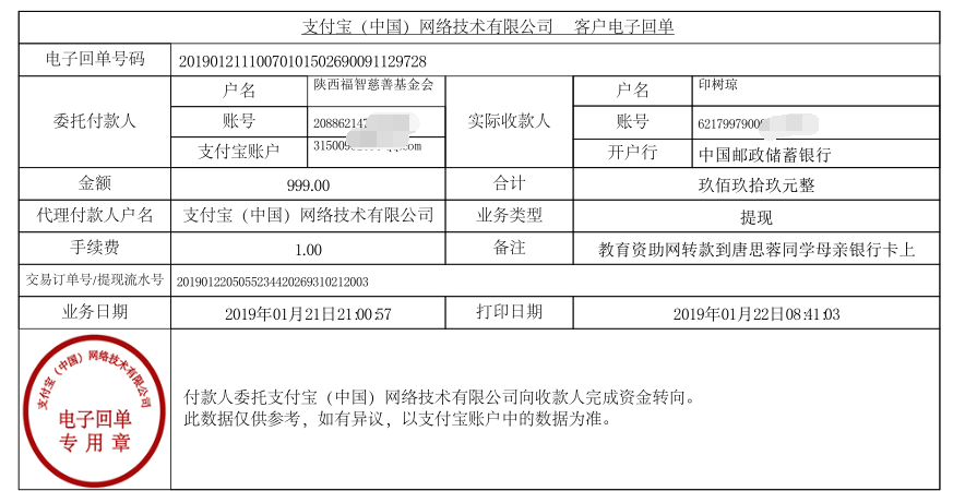教育资助网给唐思蓉同学转款的电子回单