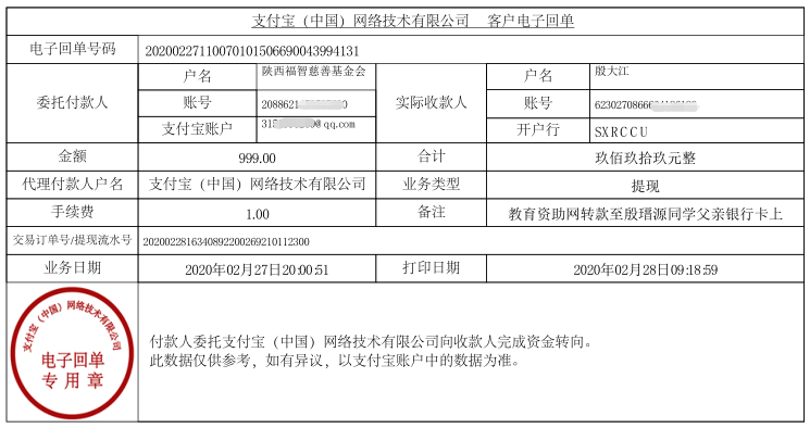 教育资助网给殷瑨源同学转款的电子回单