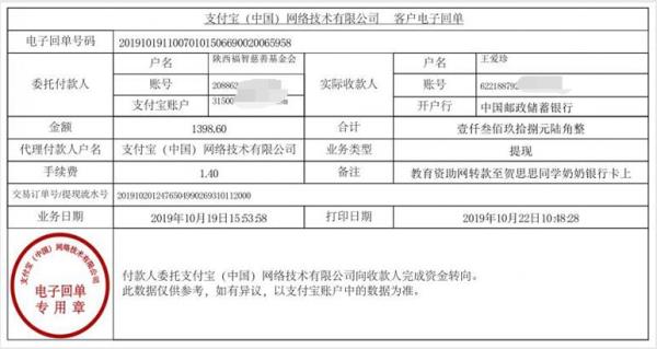 教育资助网转款给贺思思同学的电子回单