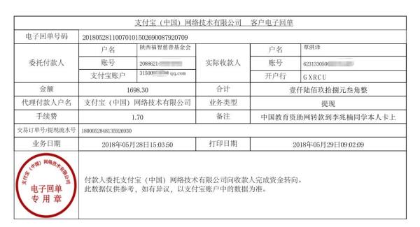 中国教育资助网给覃淇泽同学转款的电子回单