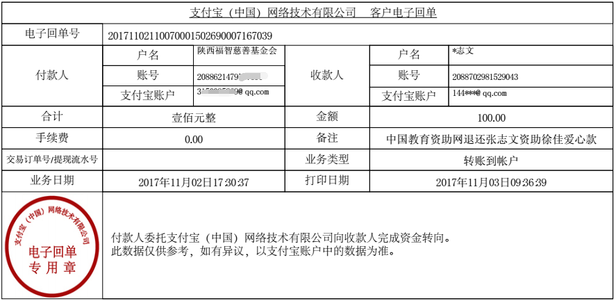 中国教育资助网给徐佳同学退款的电子回单