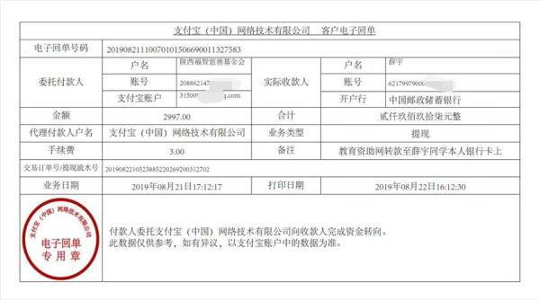 教育资助网转款给薛宇同学的电子回单