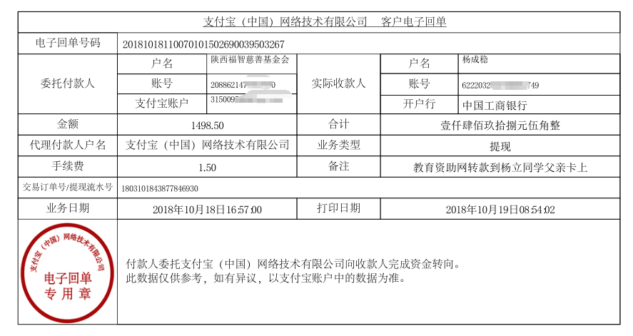 教育资助网给杨立同学转款的电子回单