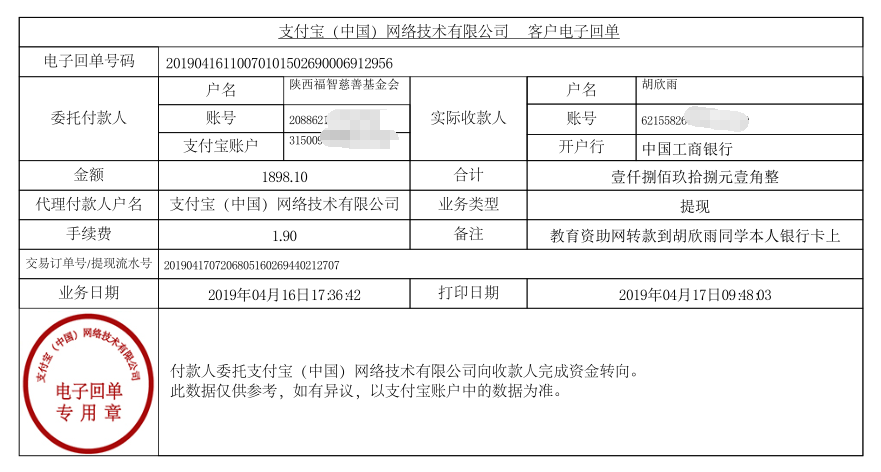 教育资助网给胡欣雨同学转款的电子回单