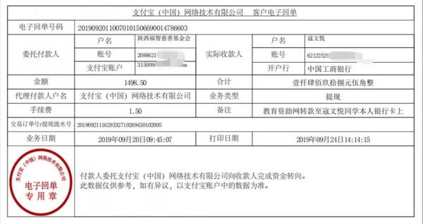 教育资助网转款给寇文悦同学的电子回单
