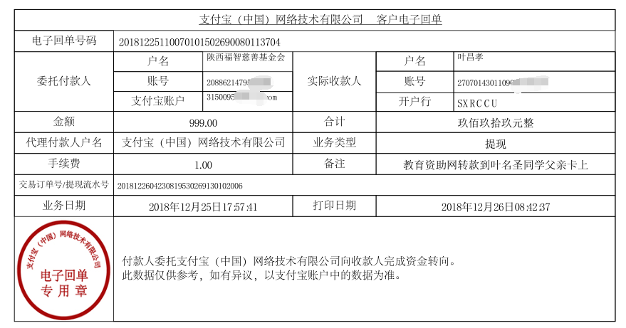 教育资助网给叶名圣同学转款的电子回单
