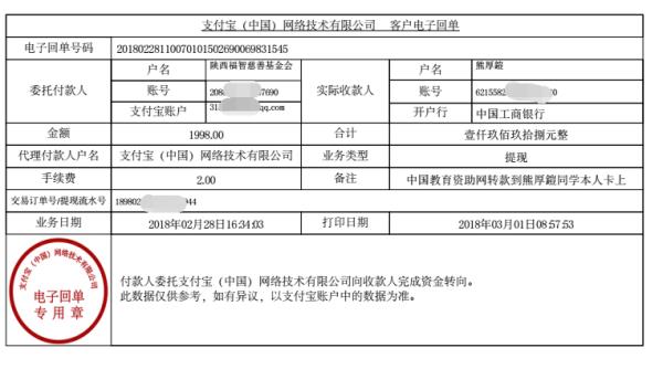 中国教育资助网给熊厚鎧同学转款电子回单