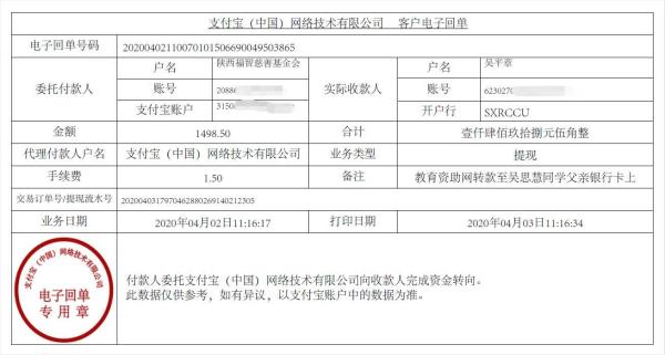教育资助网给吴思慧同学转款的电子回单