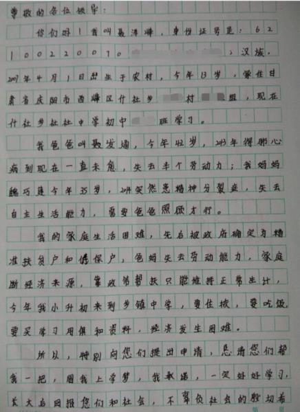 聂泽峰贫困申请书