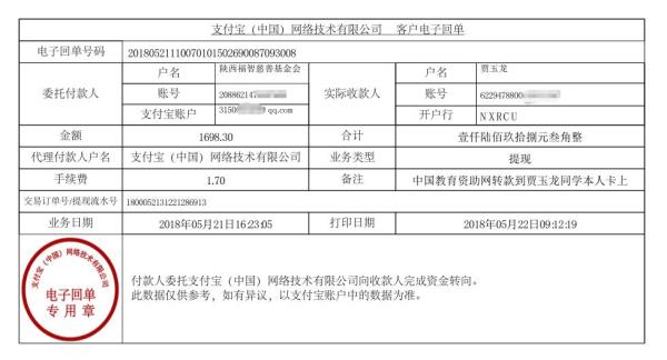 中国教育资助网转款给贾玉龙同学的电子回单