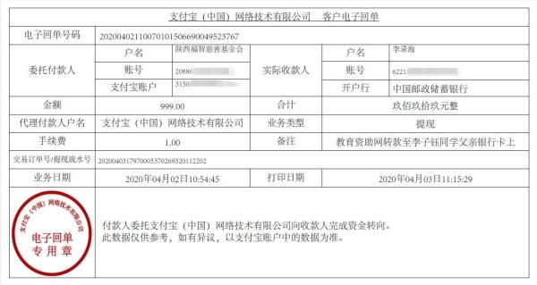 教育资助网给李子钰同学转款的电子回单