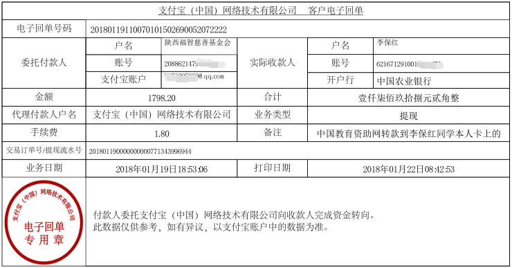 中国教育资助网转款给李保红同学的电子回单
