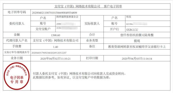 教育资助网给权亚楠同学转款的电子回单