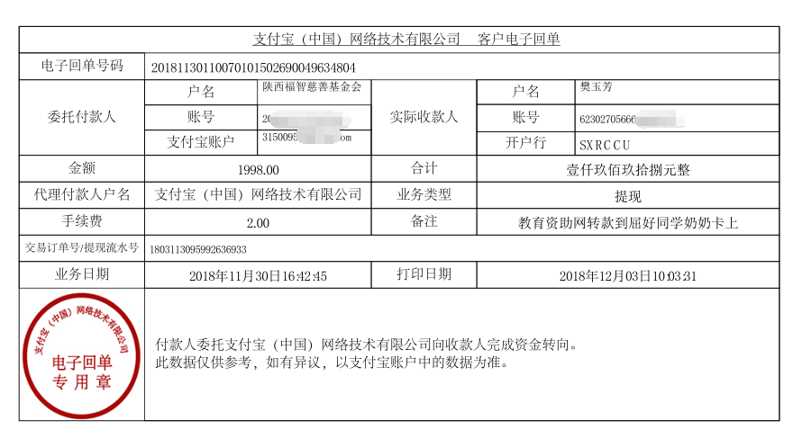 教育资助网给屈好同学转款的电子回单