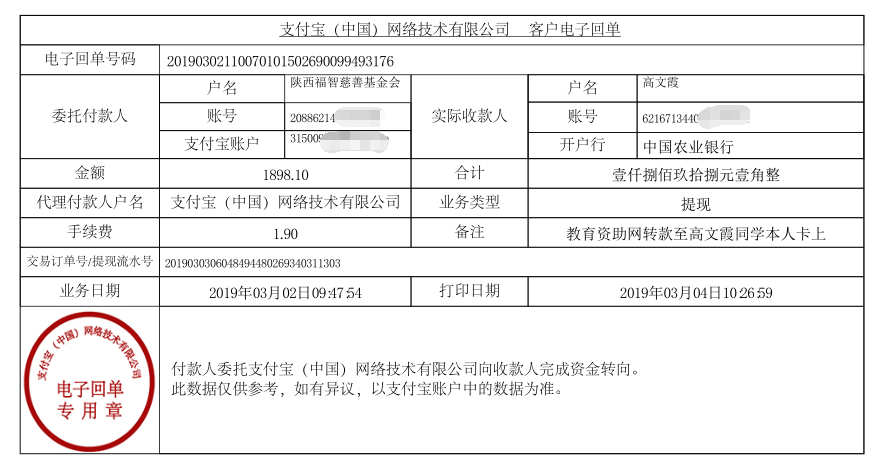 教育资助网给高文霞同学转款的电子回单